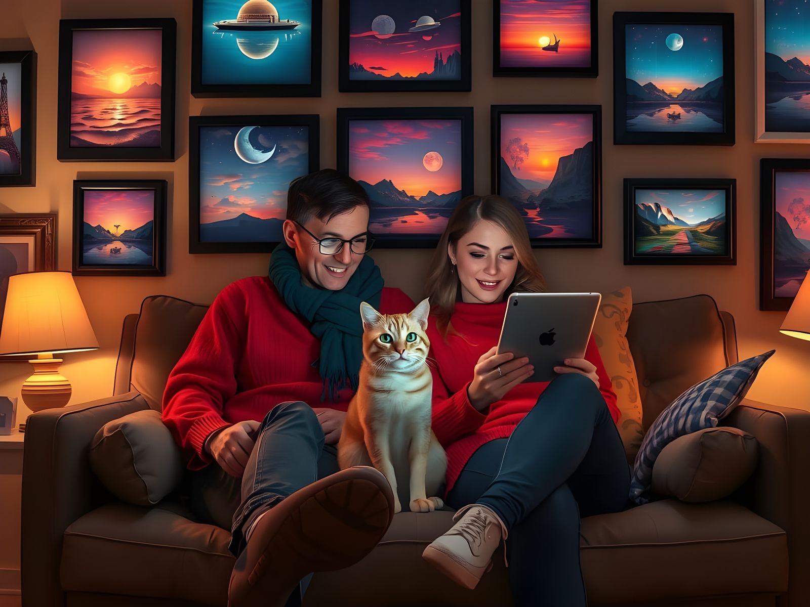 Couple and Cat Share Intimate Moment in Cozy Nighttime Scene