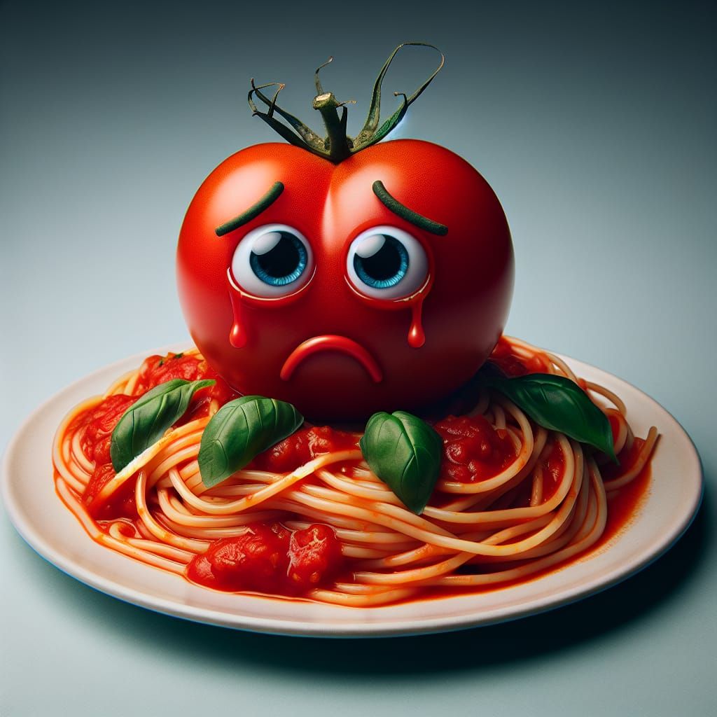 Sad Cartoon Tomato on Spaghetti Plate