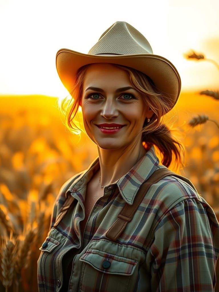 Farmer Woman in Golden Wheat Field at Sunset