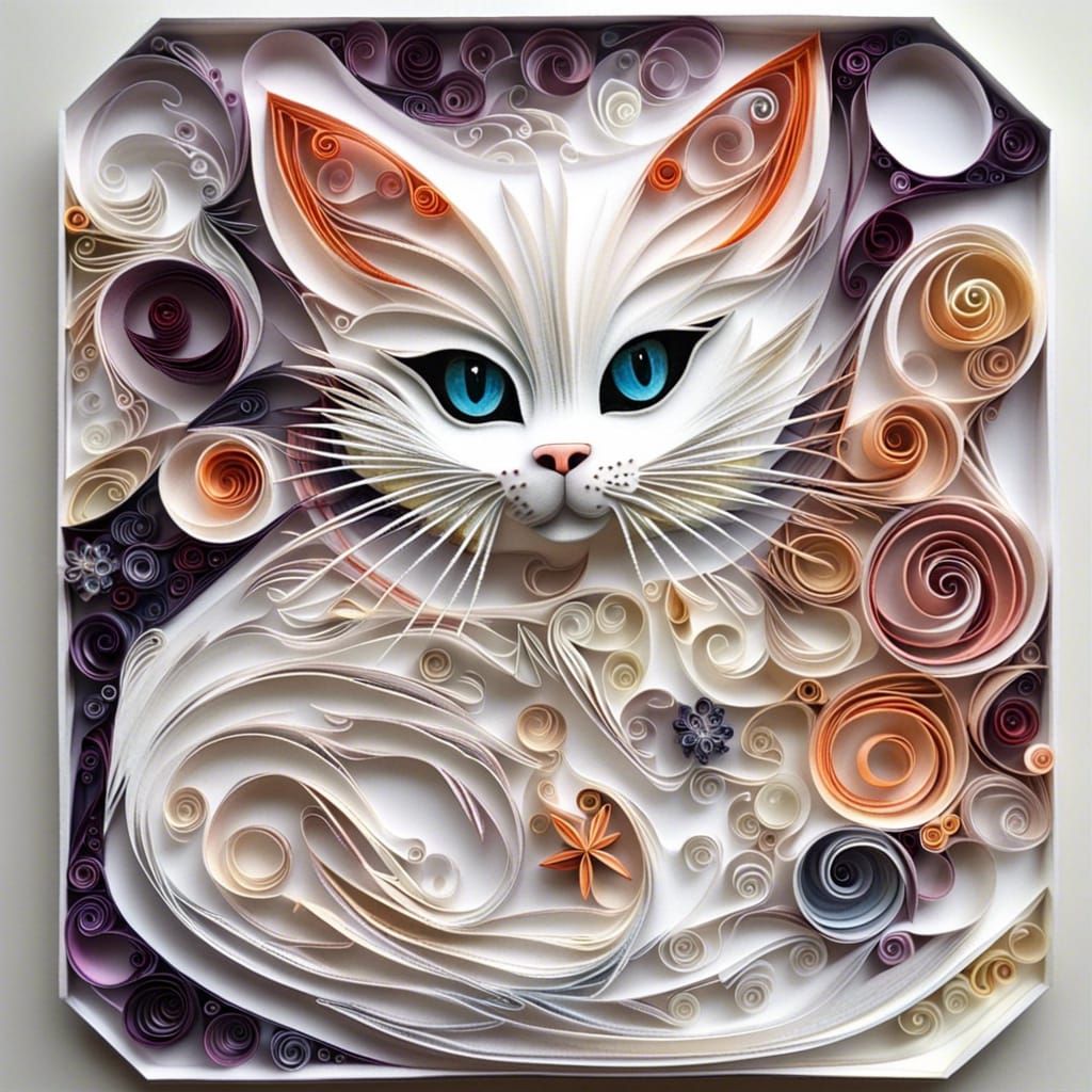Hyper-Detailed Paper Quilling Cat Airbrush Painting