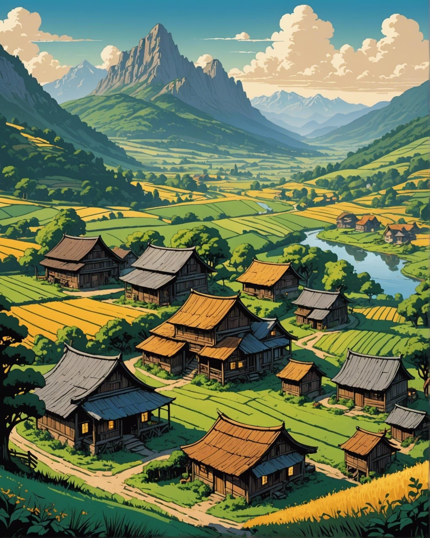 Lush Valley Village in Comic Book Art Style