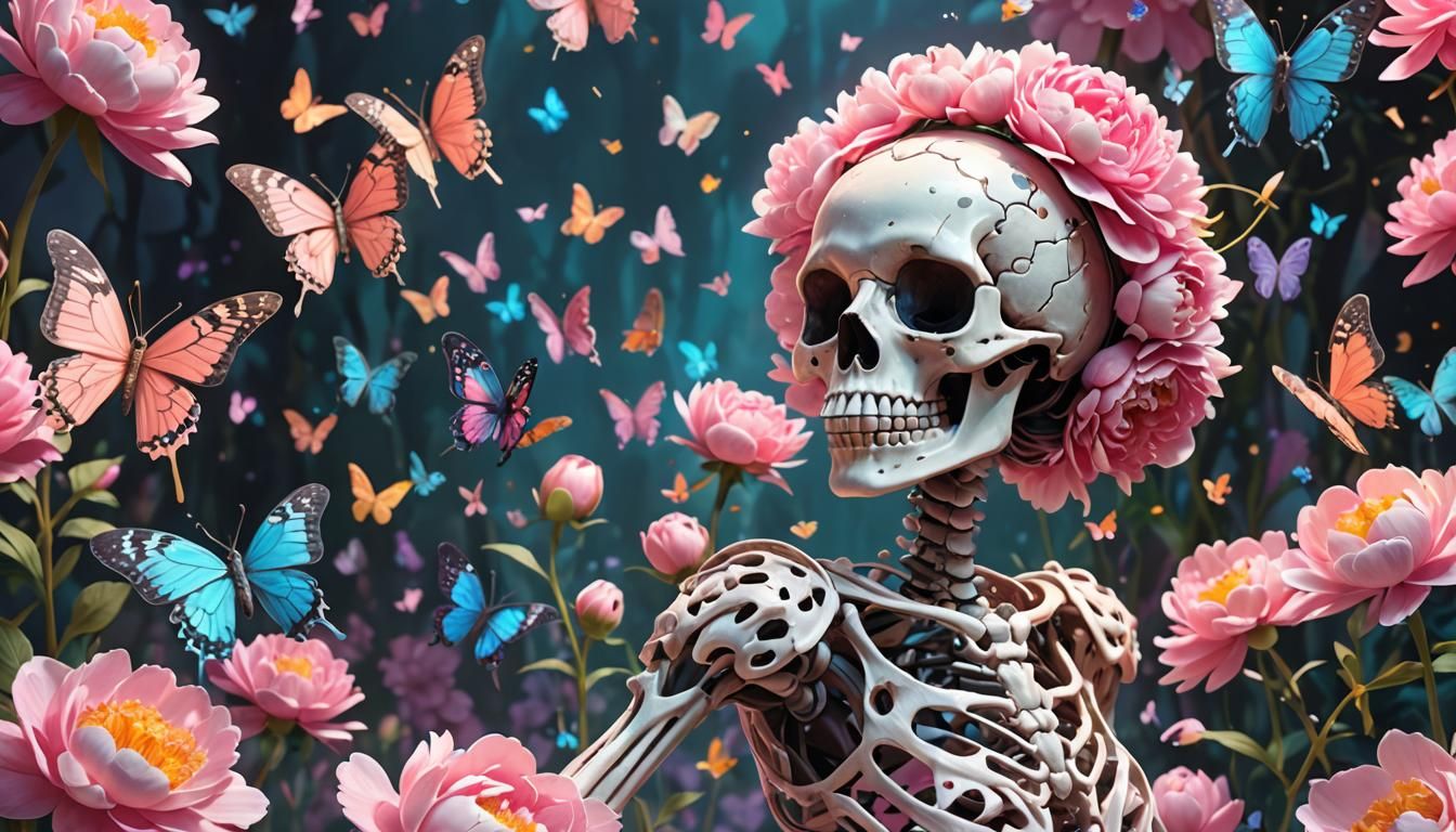 Girly Skeleton Dances with Butterflies and Peonies