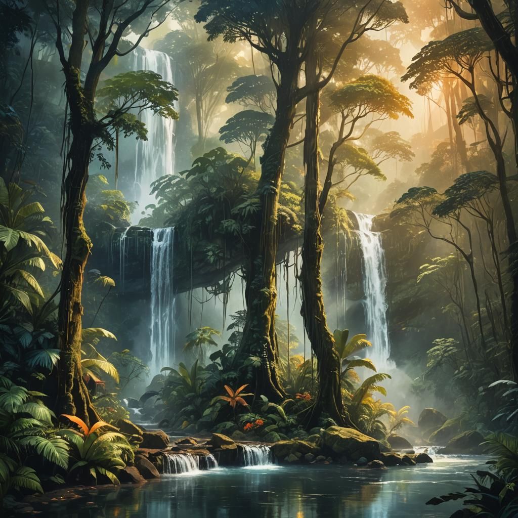 Lush Rainforest Waterfall Reflecting Landscape, Watercolor S...