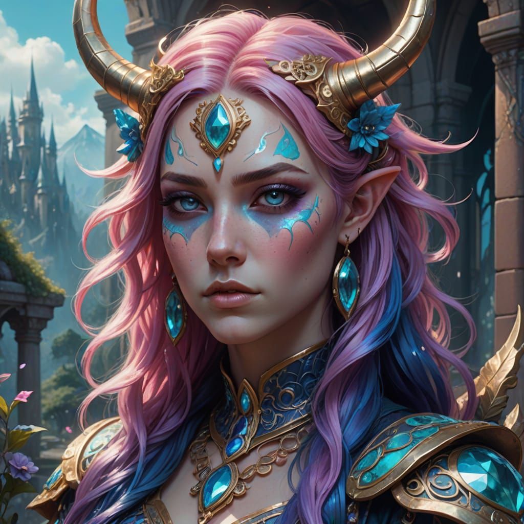 teenage girl, pink hair, blue horns, blue skin, portrait