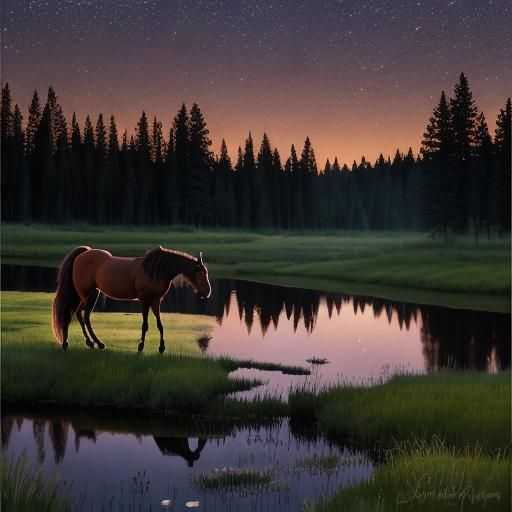 Chestnut horse, close shot, drinking from a moonlit pond in ...