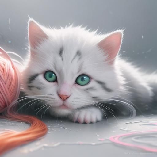 Hyperrealistic Kittens Playing with Yarn in Ethereal Mist