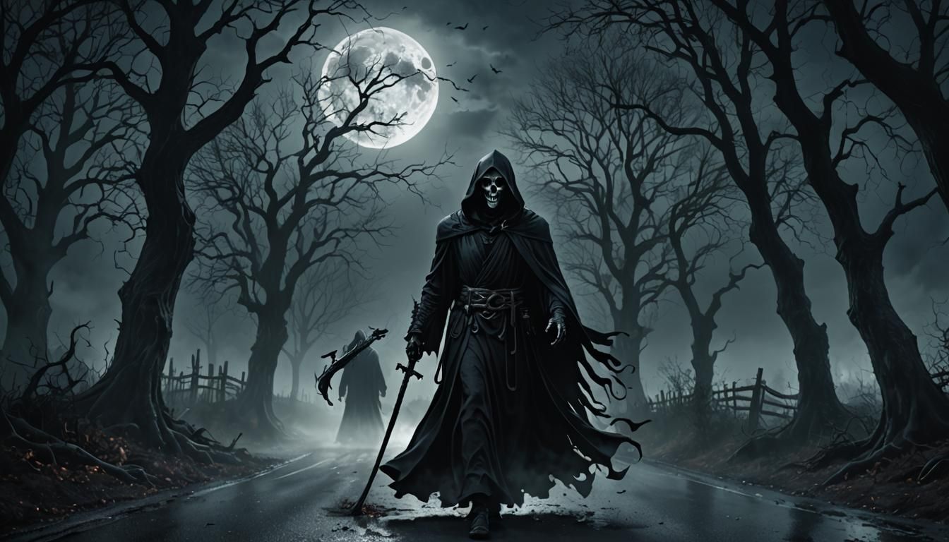 Eerie Grim Reaper on Misty Road
