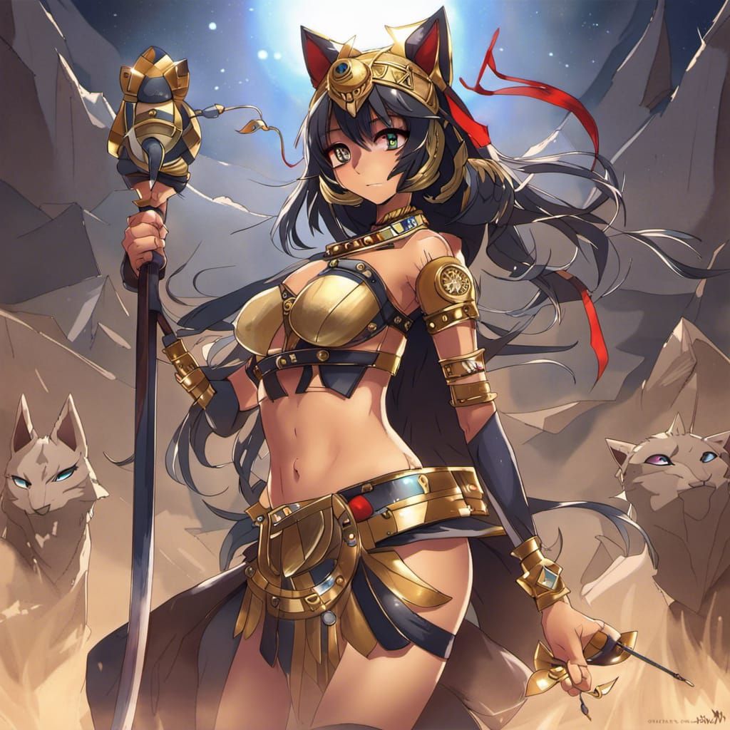 Ancient Egypt Catgirl Warrior in Anime Style