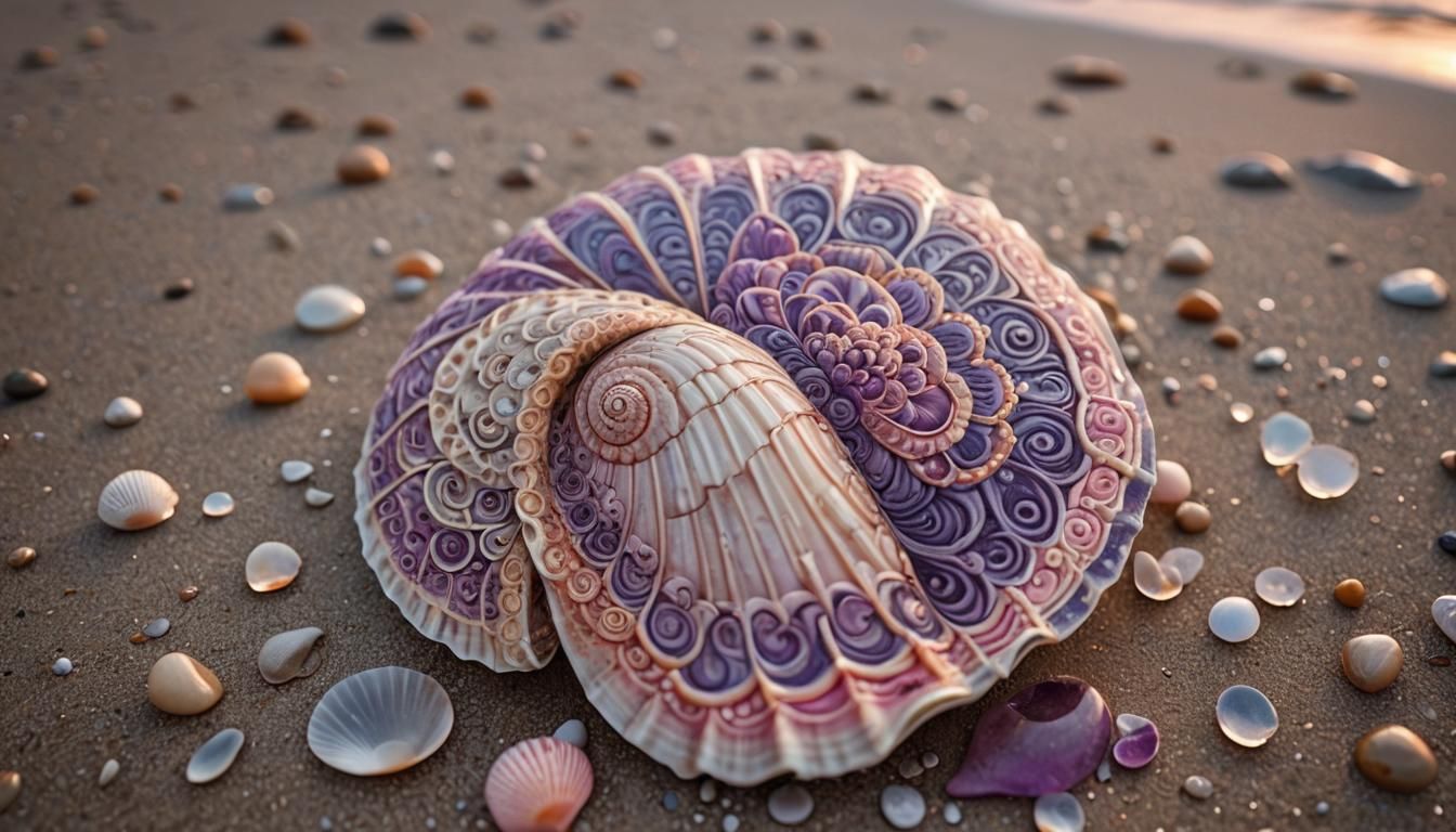 Intricate Seashell Mandala at Sunset: Macro Photography