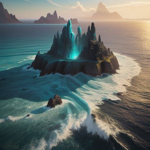 Majestic Ocean Waves in a Turquoise-Hued Dreamlike Atmospher...