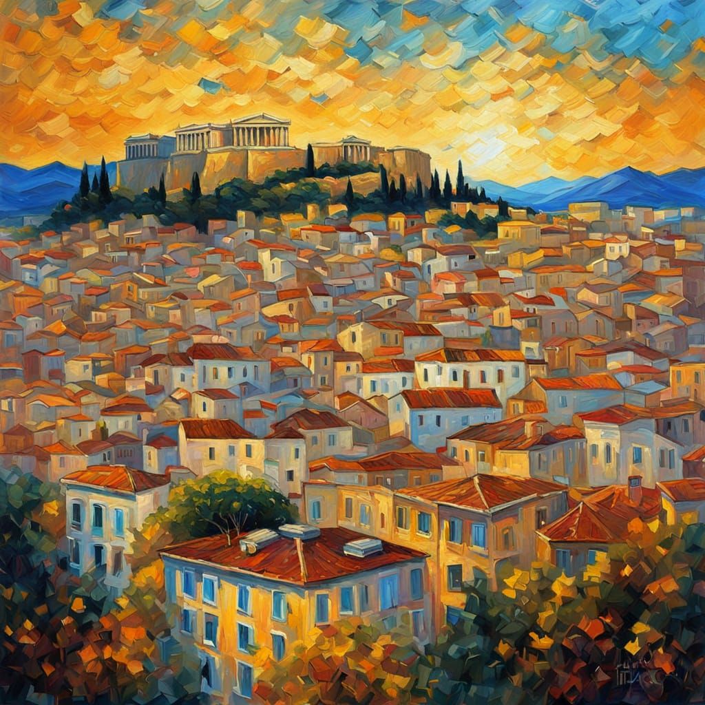 Athens Cityscape in Neo-Impressionist Style