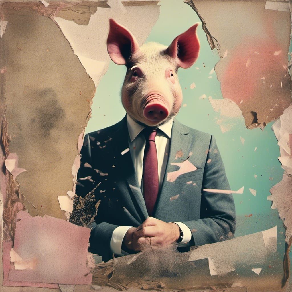 Anthropomorphic Pig in 90s Scrapbook Collage