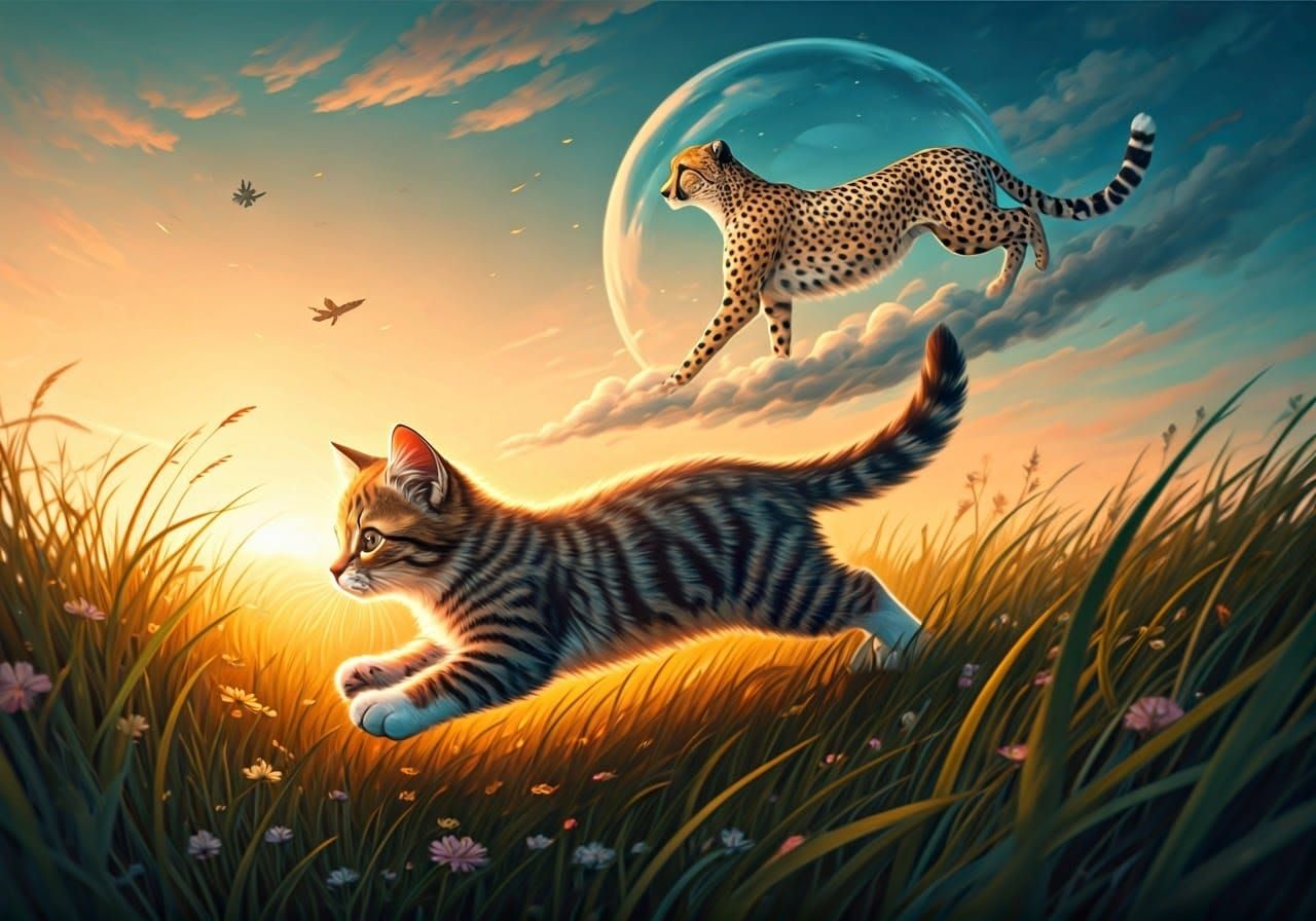 Whimsical Feline Chase in Vibrant Sunset Landscape