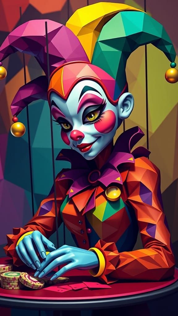 Neo-Cubist Marionette Jester Playing Poker in Art Deco Style