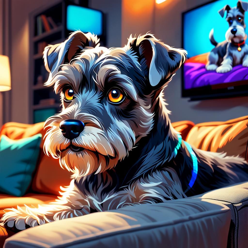 Mini Schnauzer Watching TV in Digital Art