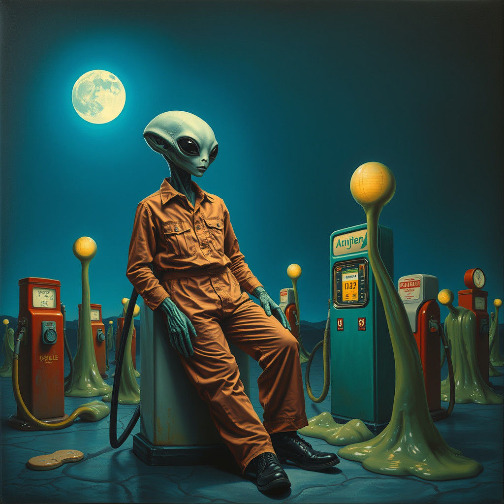 Surreal Alien Gas Station Attendant in Dali Style