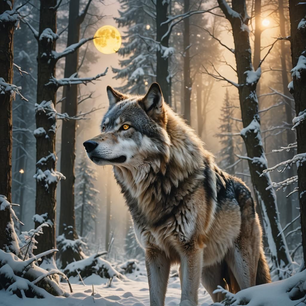 Majestic Wolf Portrait in Mystical Twilight Forest