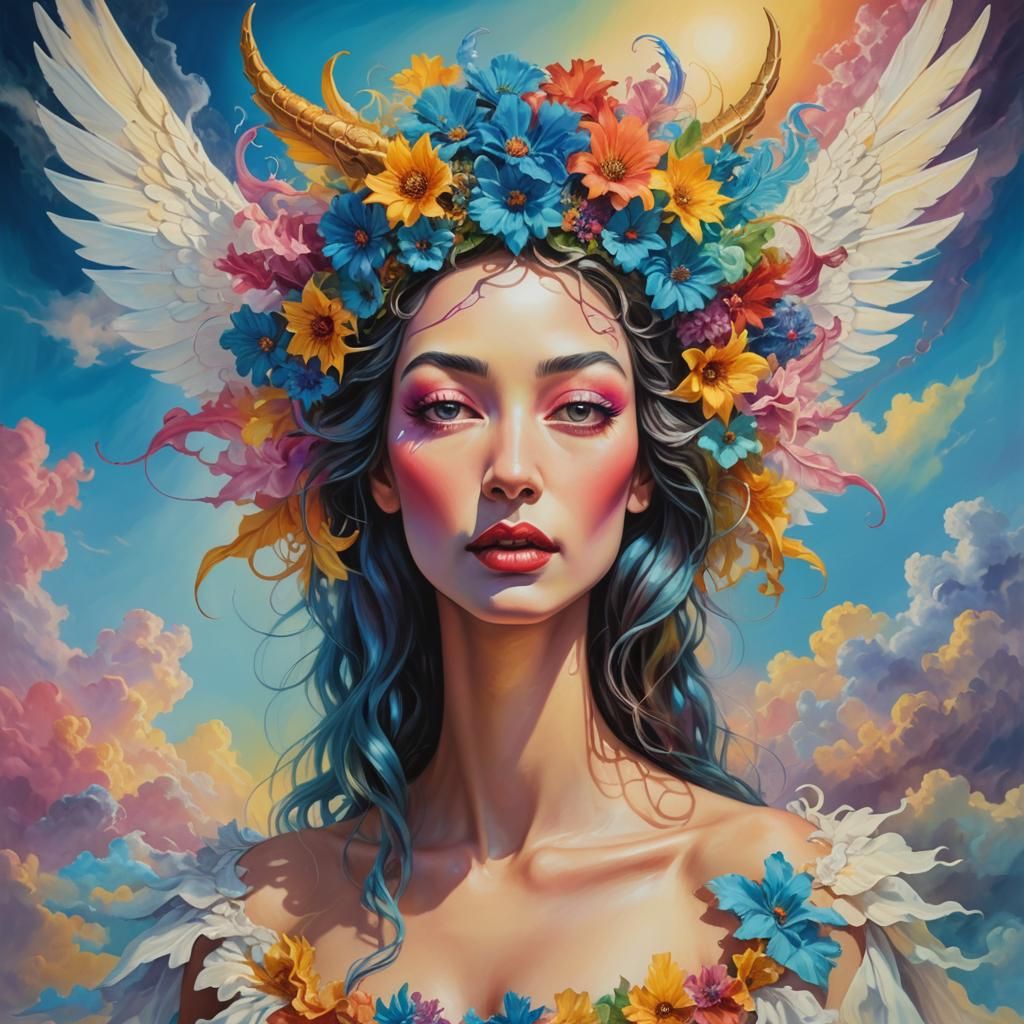 Rainbow Dragon Woman with Wings in Surreal Style