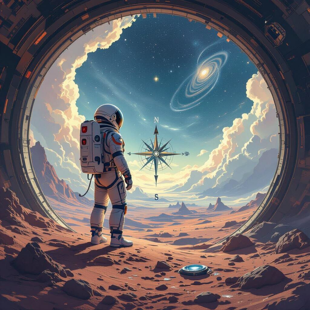 Astronaut Explores Cosmic Landscape with Compass