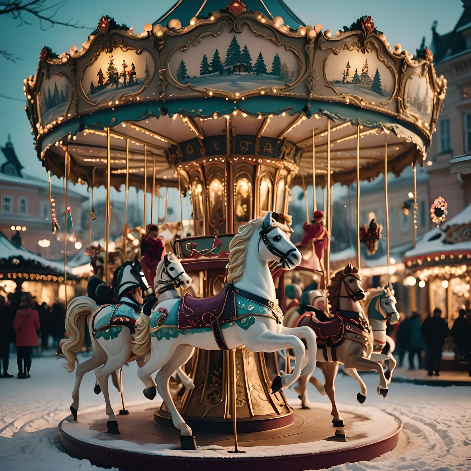 Cinematic Christmas Carousel in Film Grain Style