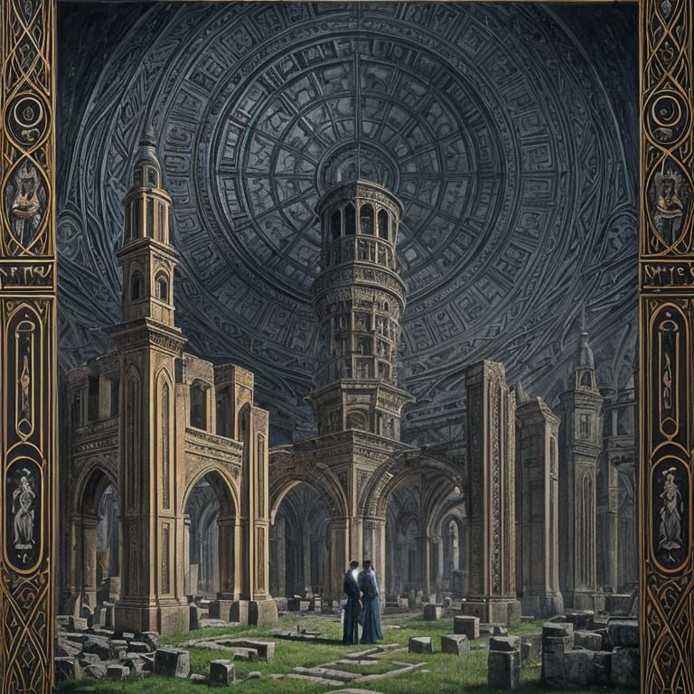 Lovers Embrace in Ancient Ruins: Art Nouveau Style