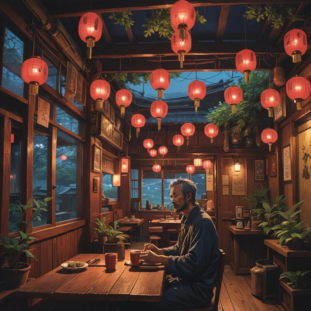 Intimate Japanese Restaurant Scene in Kingsblood Red Lightin...