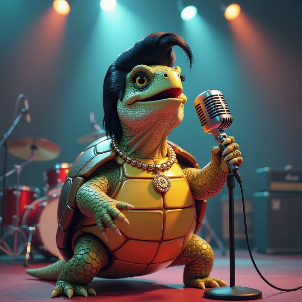 Elvis Turtle Sings Passionately on Colorful Stage