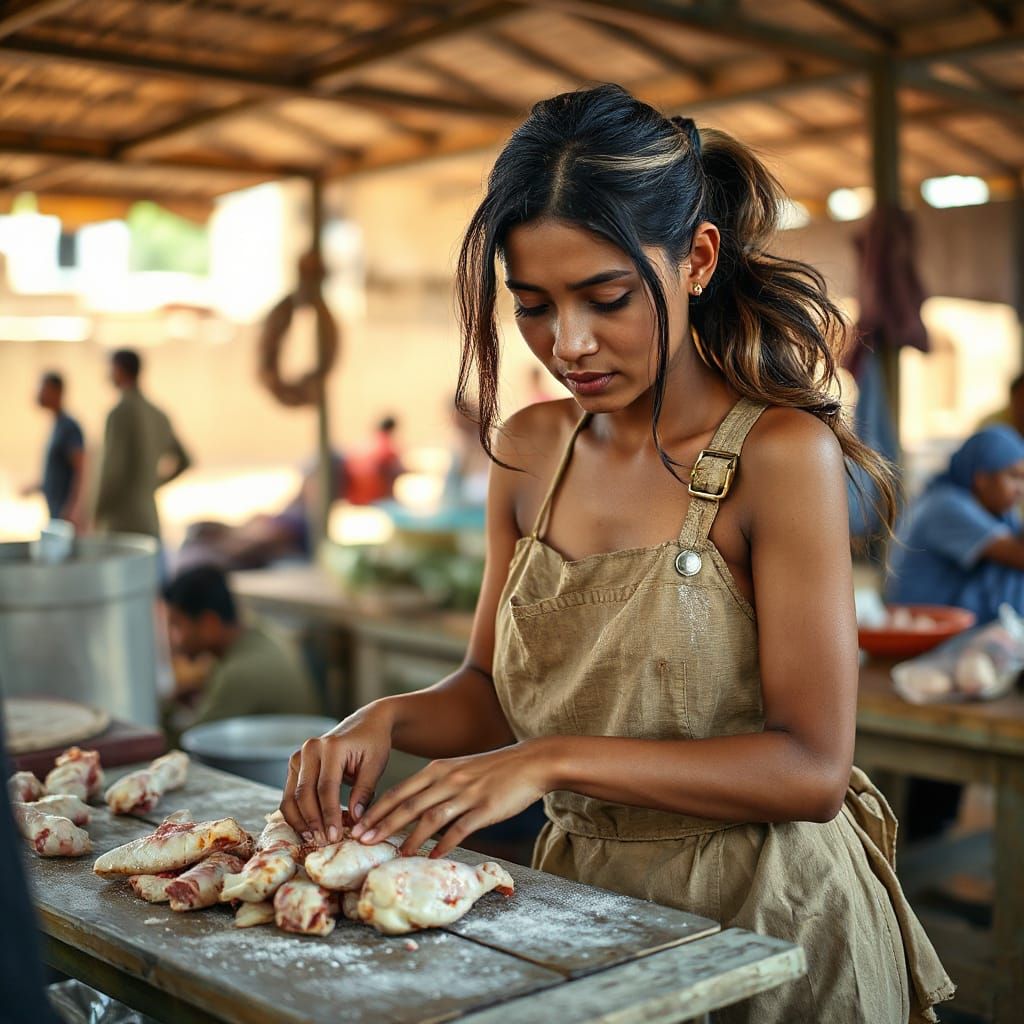 Indian Woman Preparing Chicken at Market Stall