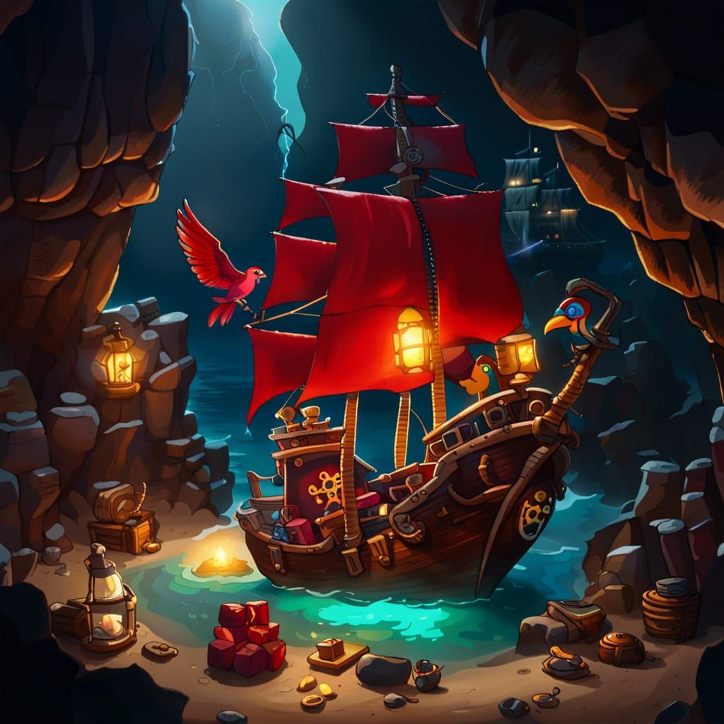 Pirate Ship in Hidden Cave with Treasure