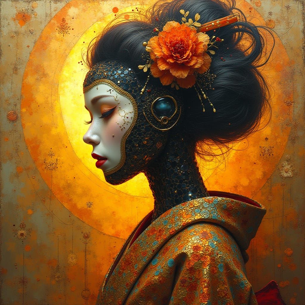 Kintsugi Robotic Geisha Portrait in Surreal Style