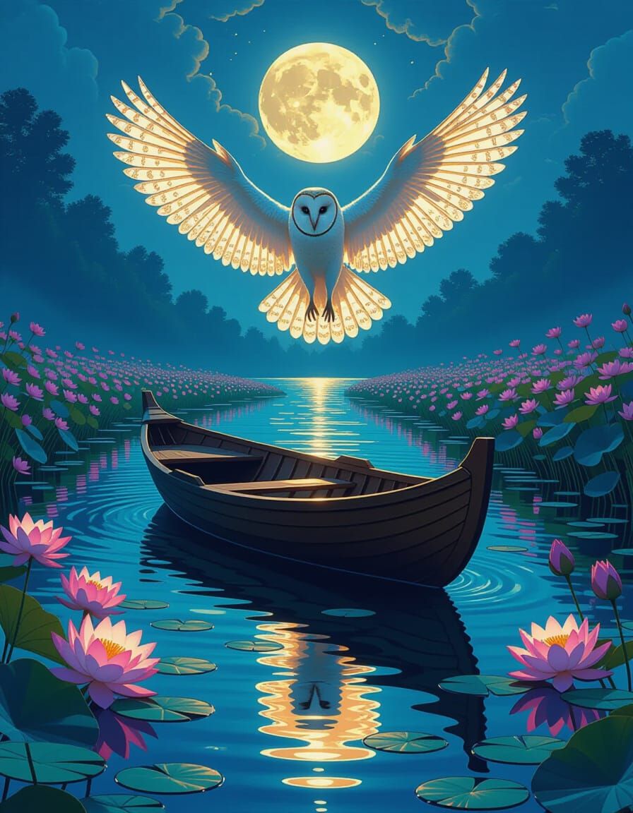 Luminous Skiff and Owl on Shard Pond in Dreamlike Style