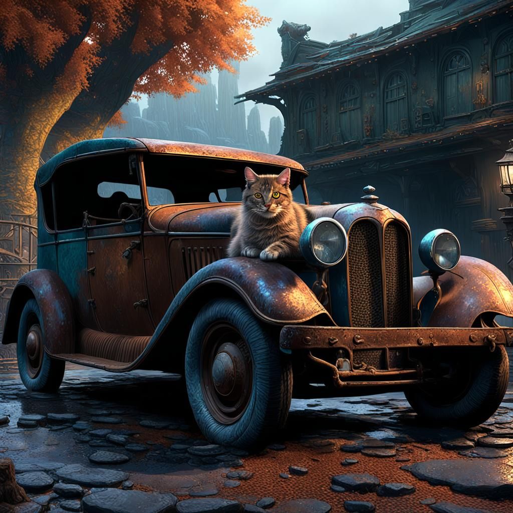 Cat on Rusty Car: Dark Fantasy Concept Art