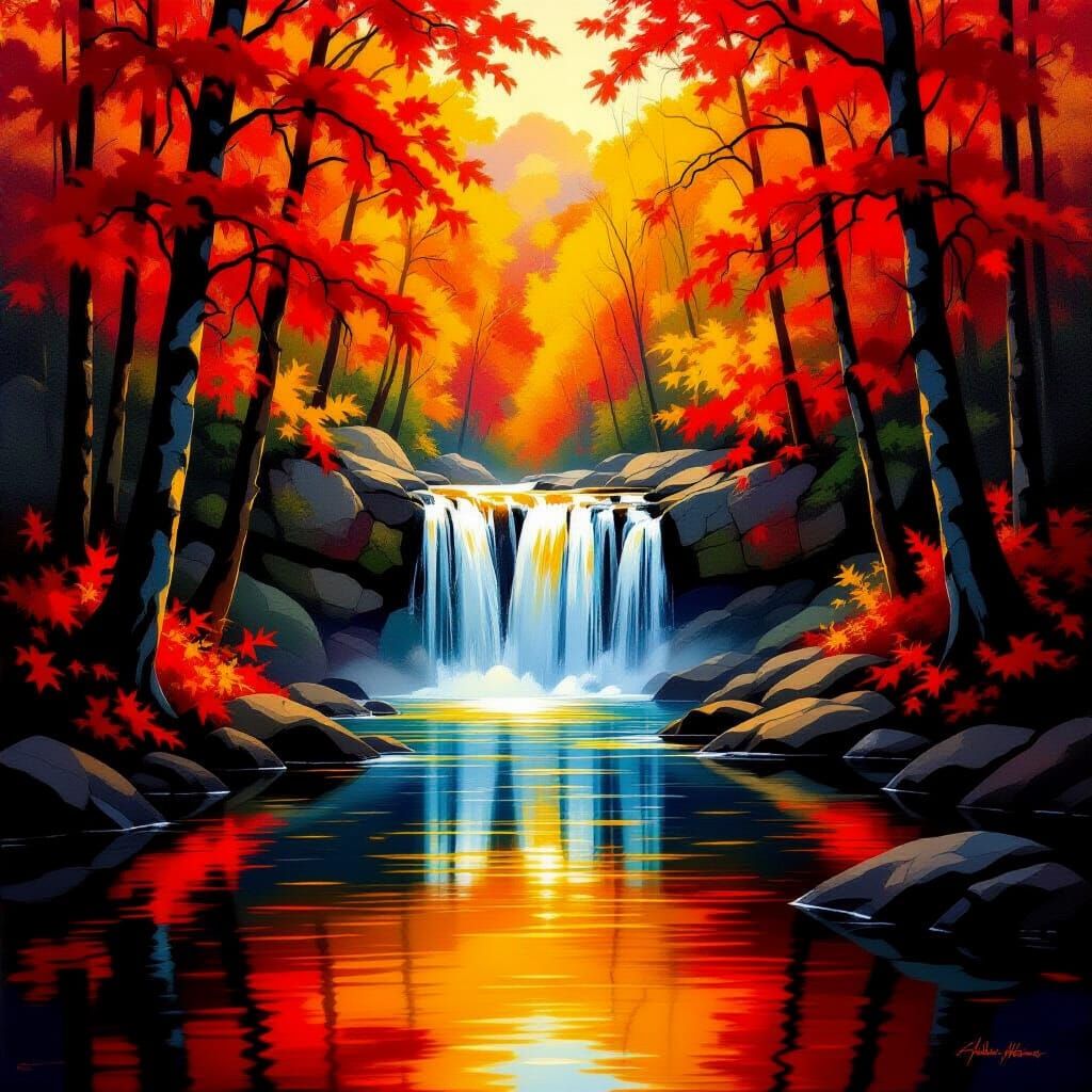 Golden Waterfall in Autumn Forest Oil Painting