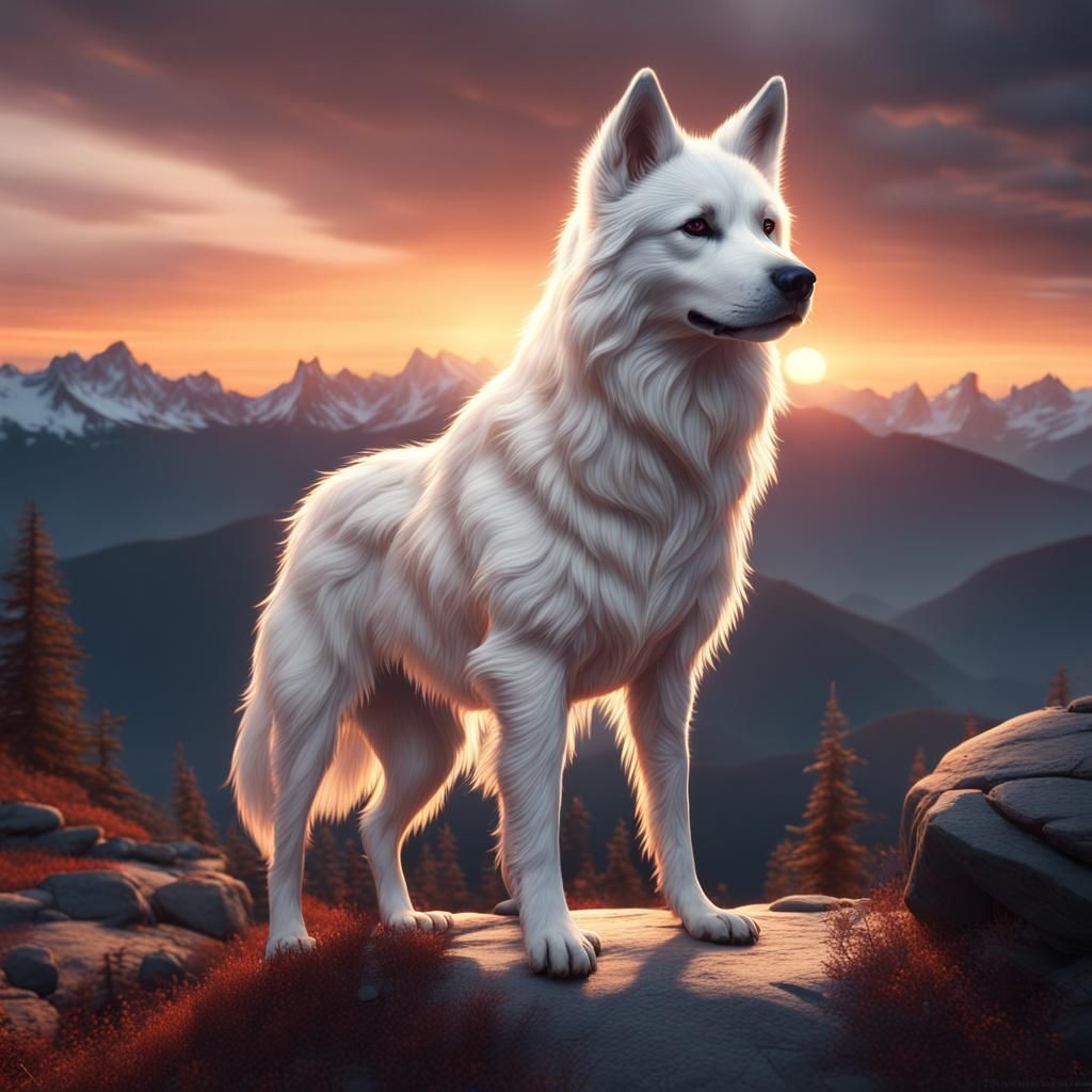 Majestic White Wolf-Dog at Sunset: Detailed Matte Painting