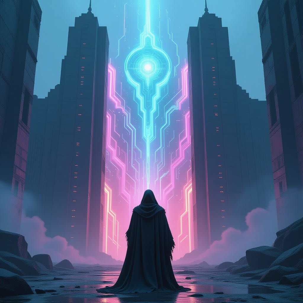 Ethereal Gate with Cloaked Figure in Dystopian Style