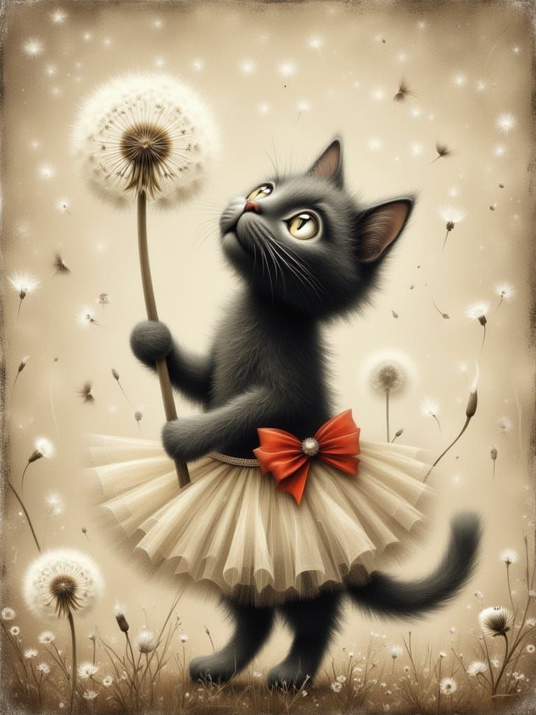 Whimsical Black Cat with Dandelion Seeds