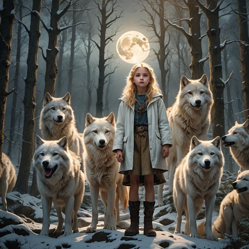 Girl and Wolves in Moonlight: Digital Matte Painting