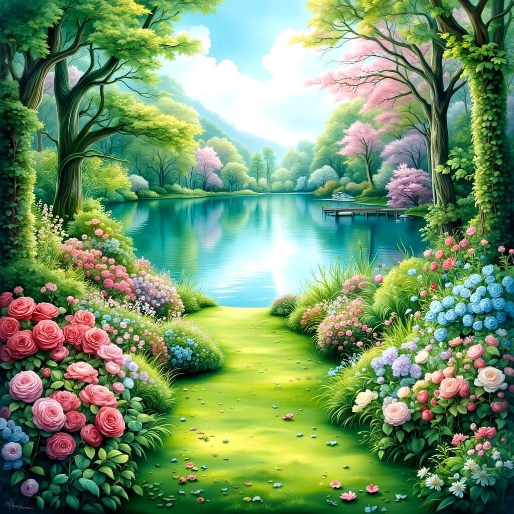 Lush Landscape with Roses and Lake