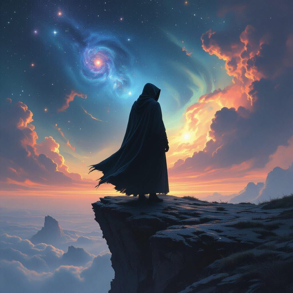 Hooded Figure Gazing at Starry Sky in Dark Surrealism