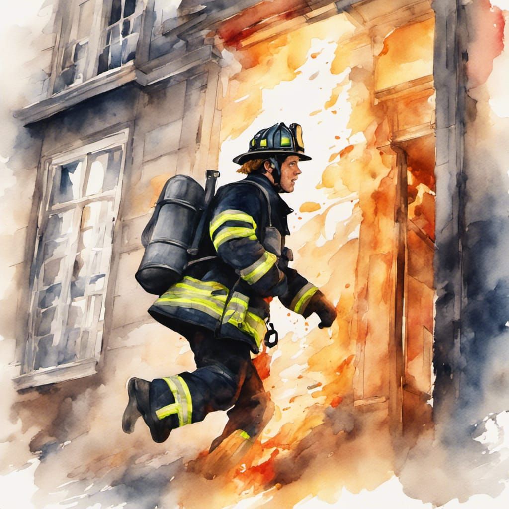 Brave Firefighter Escapes Inferno: Watercolor Painting
