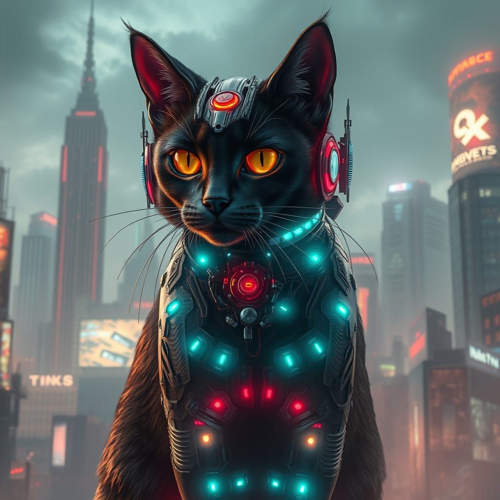 Ethereal Cyber Cat Roams 8K Dystopian Metropolis