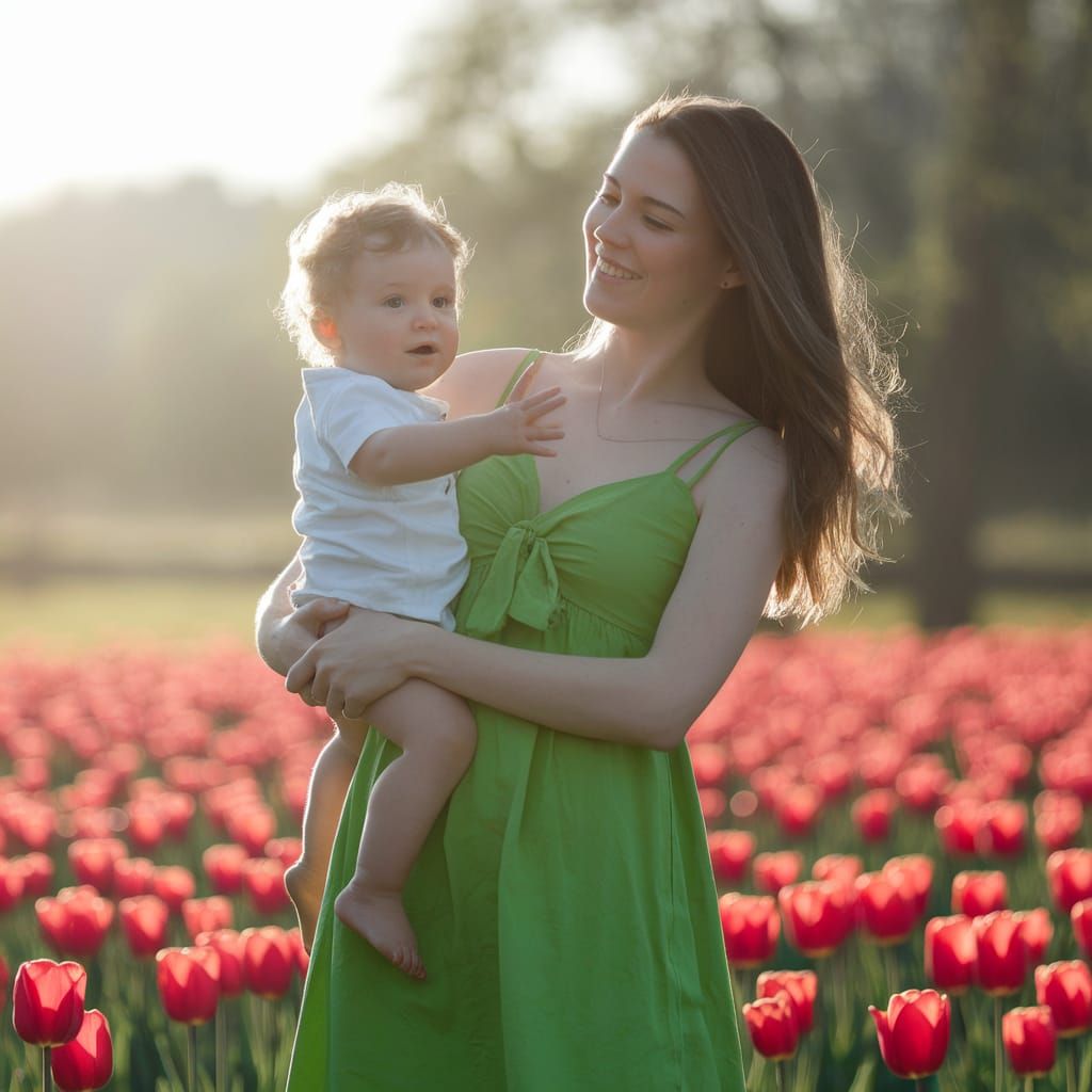 Woman and Child in Tulip Field in Sunlight