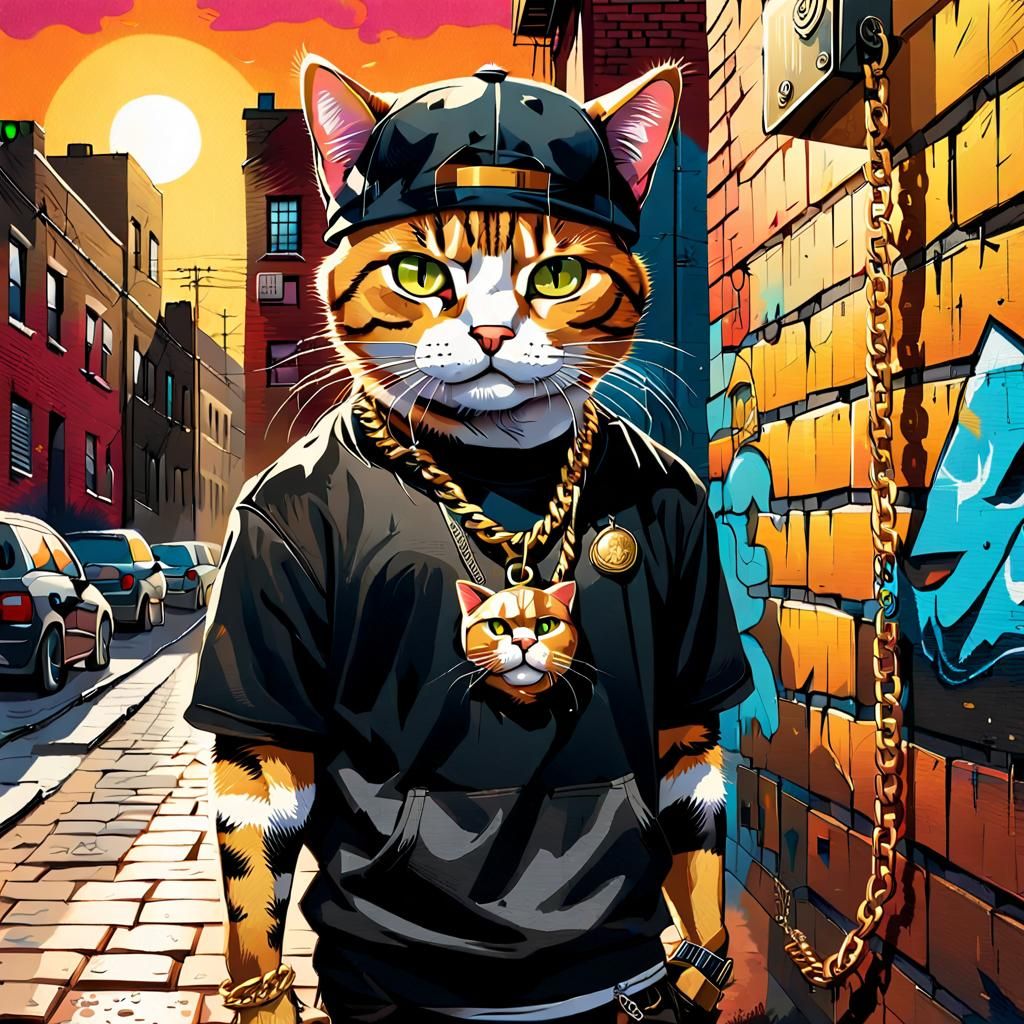 Hip-Hop Cat in Urban Street Art Style
