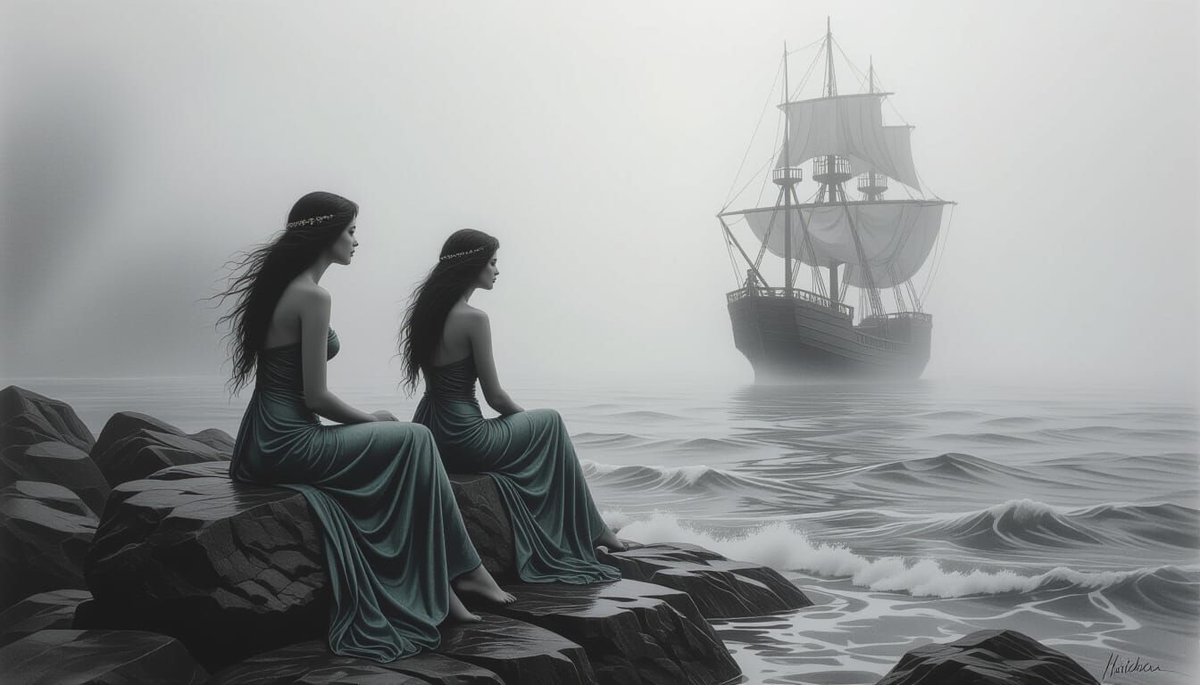 Female Sirens Luring Ship in Foggy Seas, Realistic Charcoal