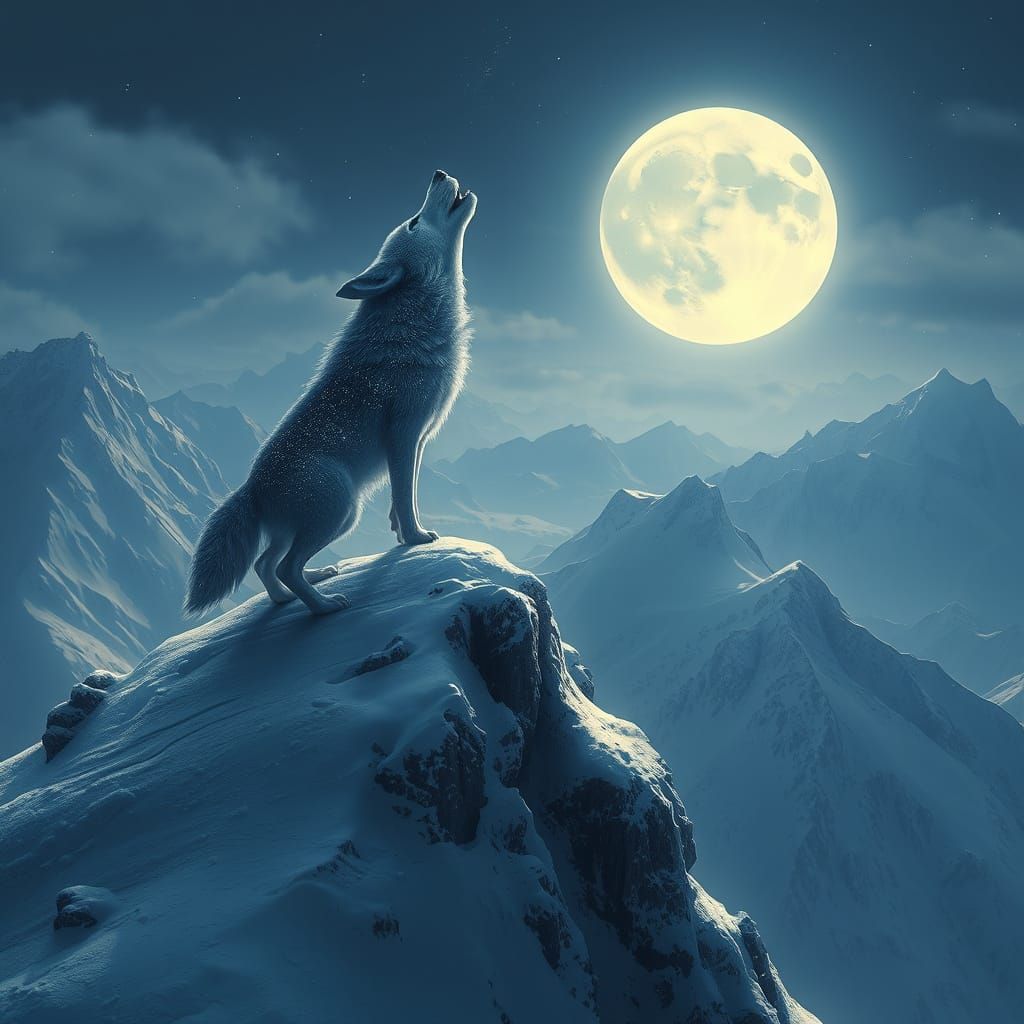 Celestial Wolf Howling at Moon in Dark Fantasy Style