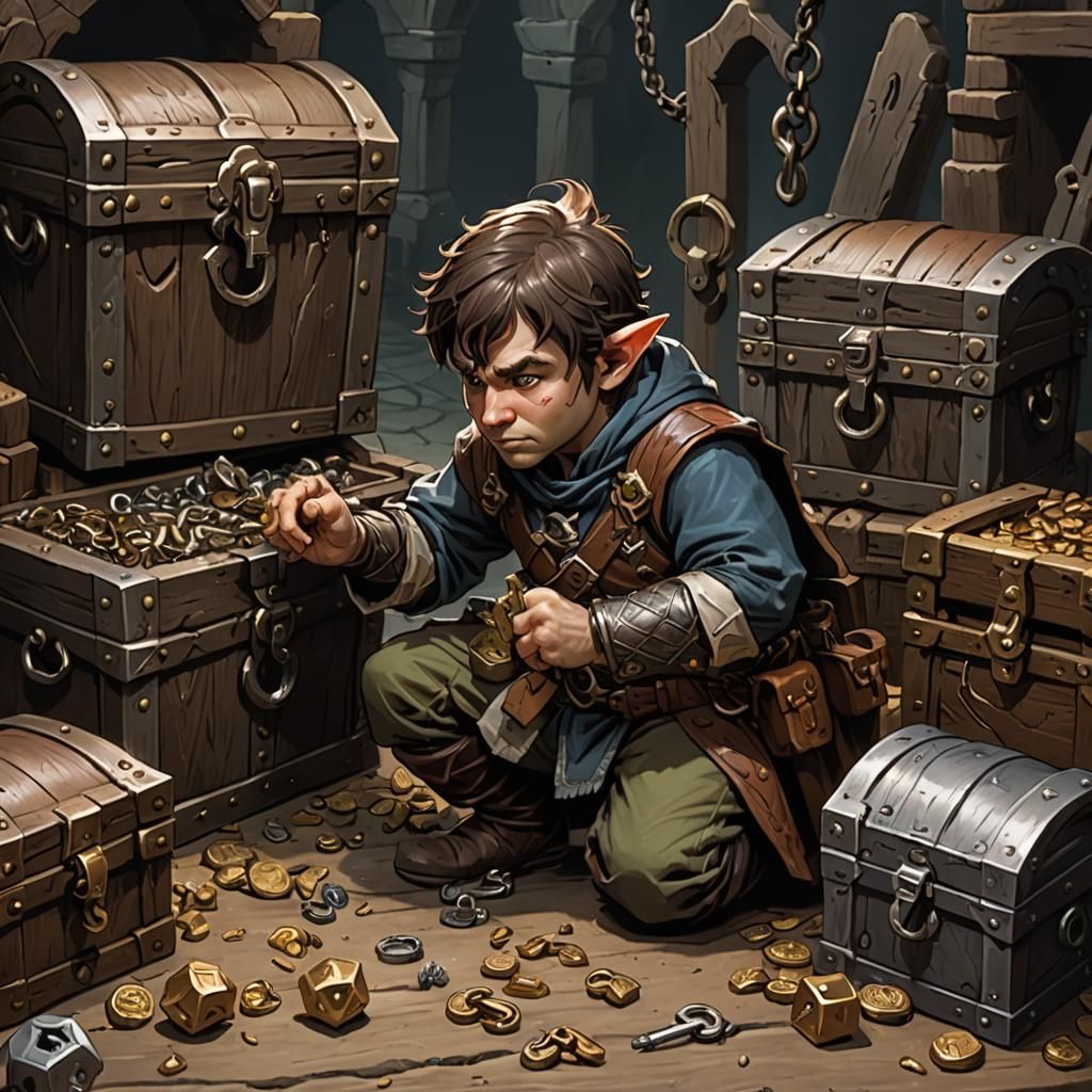 Halfling Thief Picking Lock on Treasure Chest