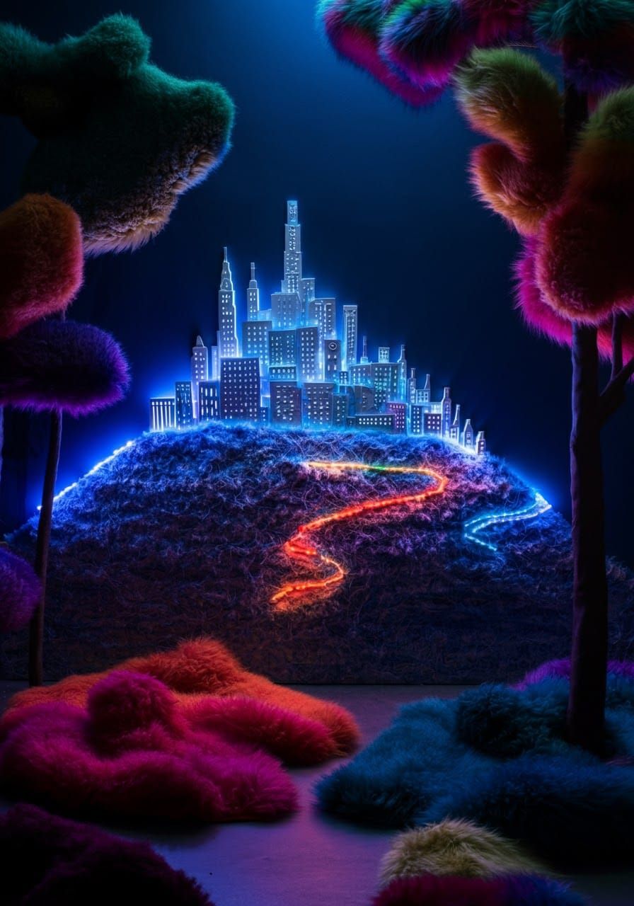 Glowing Metropolis on a Hill in Patchwork Style