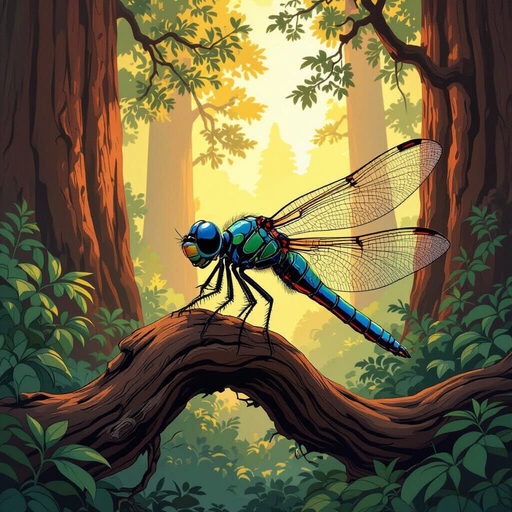 Dragonfly in Redwood Forest: Comic Book Art