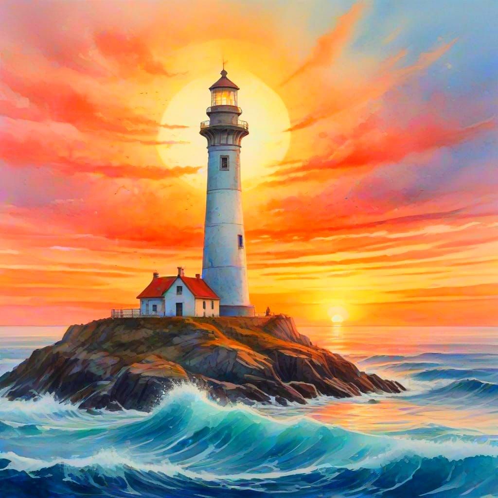 Watercolour Lighthouse at Sunset