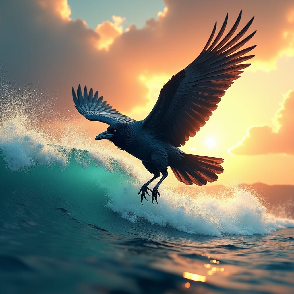 a hyperrealistic digital matte painting of a raven flying over a perfect wave at sunset. Realistic fur texture, golden h...